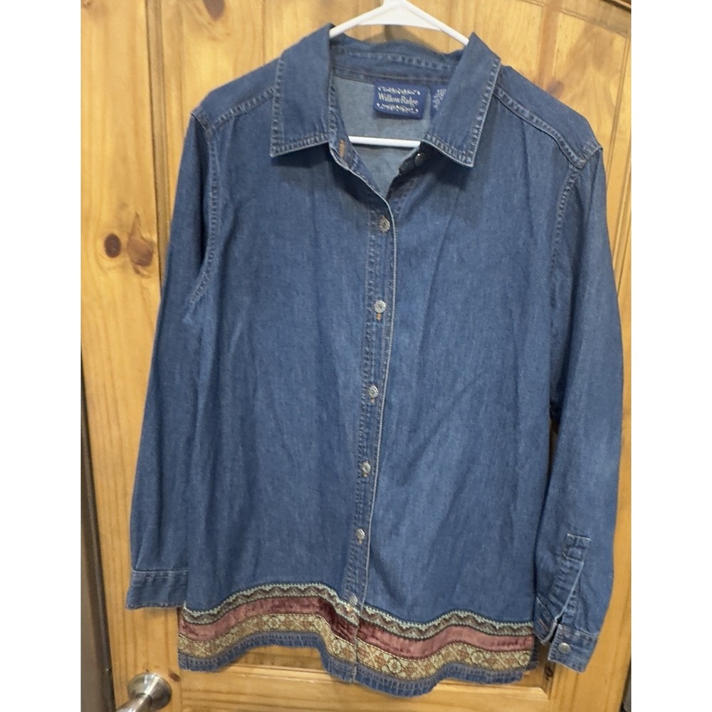 Willow Ridge Denim Shirt Jacket Women's Petite L Embroidered Velvet Trim PL